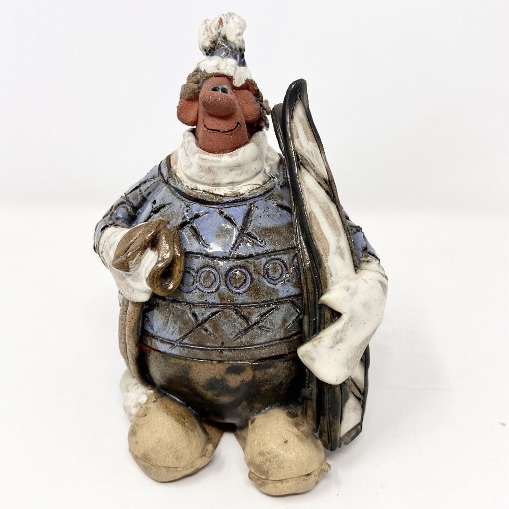 Sara Meadows Balloon People Pottery Art SKIER Winter Figure 5" Tall - Chip Hat